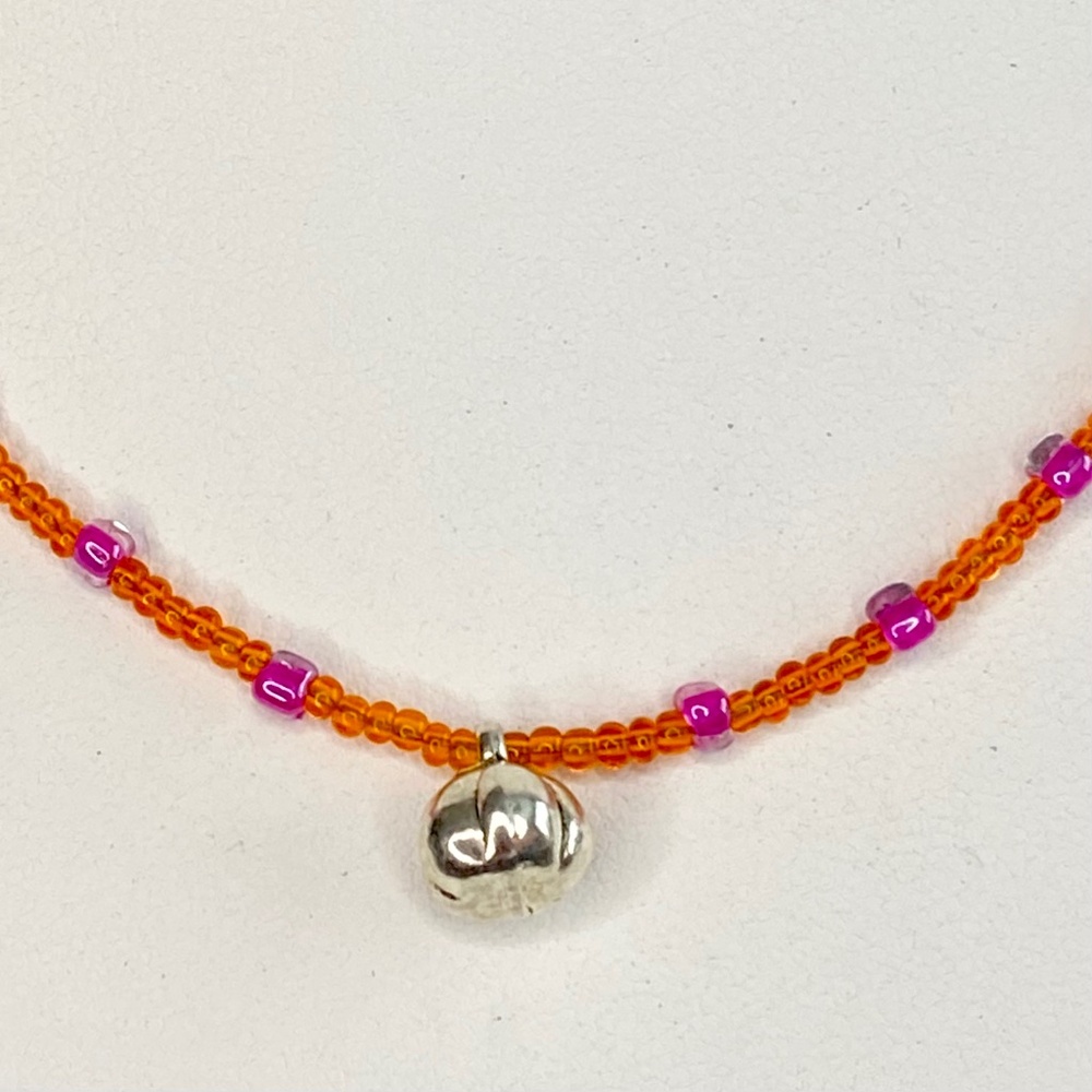 Silver Tone Pumpkin Pendant Orange and Pink Beaded Necklace
